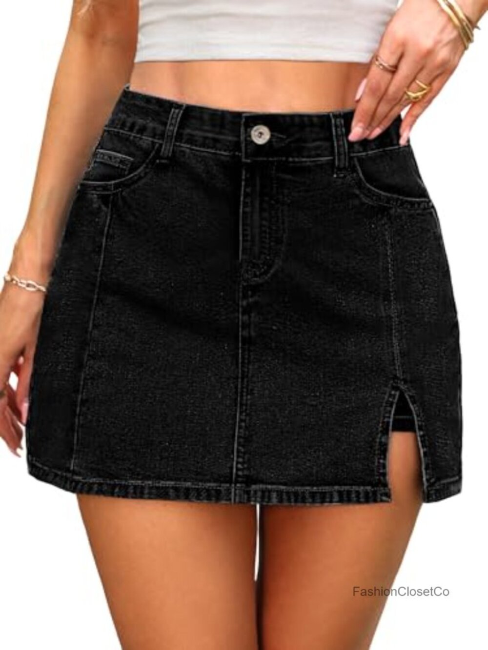 High Waisted Denim Skort Side Slit Stretchy 5-Pocket Mini Skirt